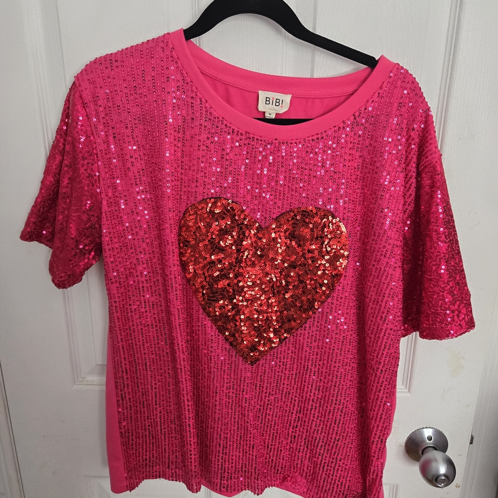 BiBi Hot Pink Short Sleeve Sequin Heart Tee